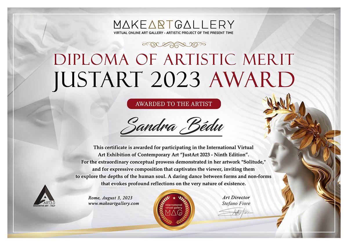 diploma di merito artistico per la mostra JustArt9 a Sandra Bedù